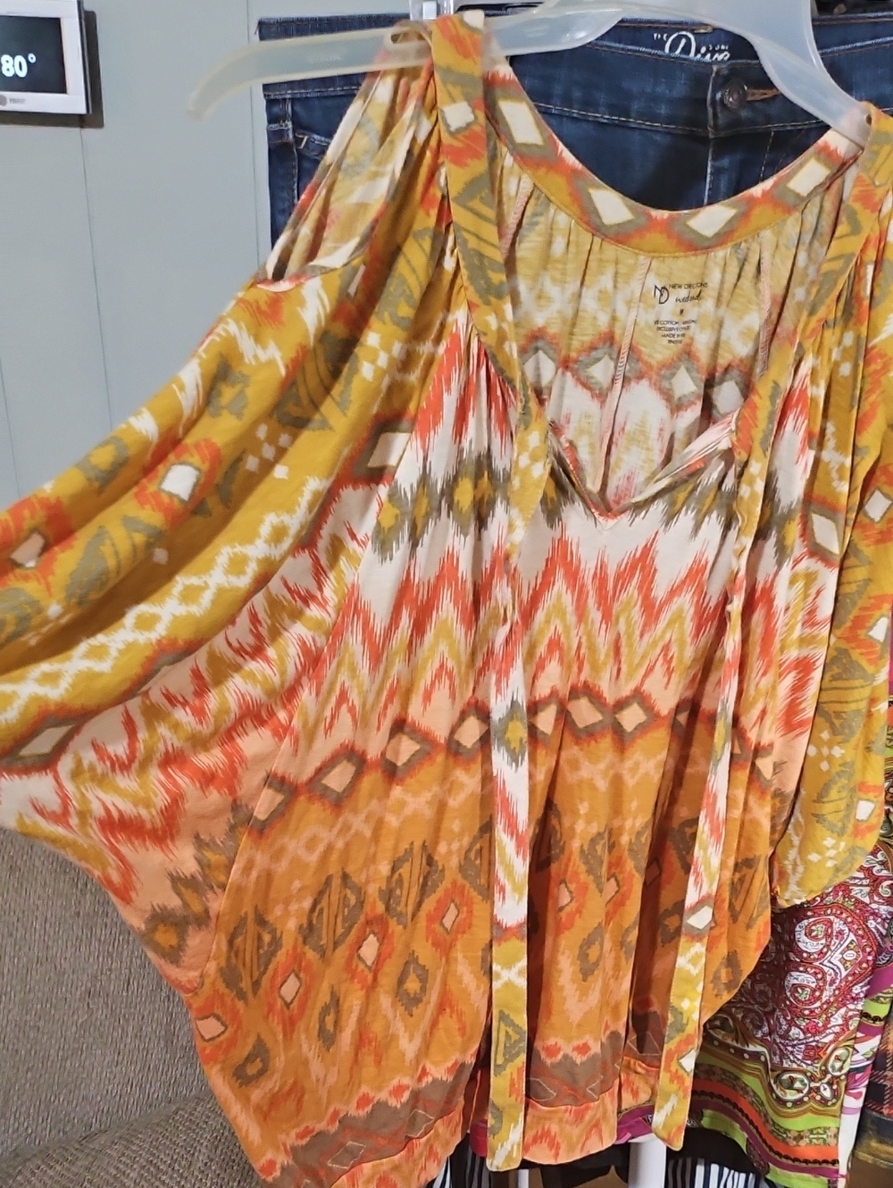 new directions Mustard & Coral Ikat Cold-Shoulder Tunic